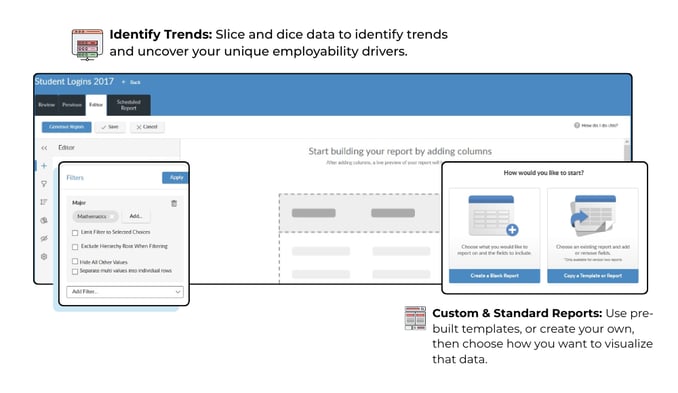 an inside look at the report builder with filters, and a report library